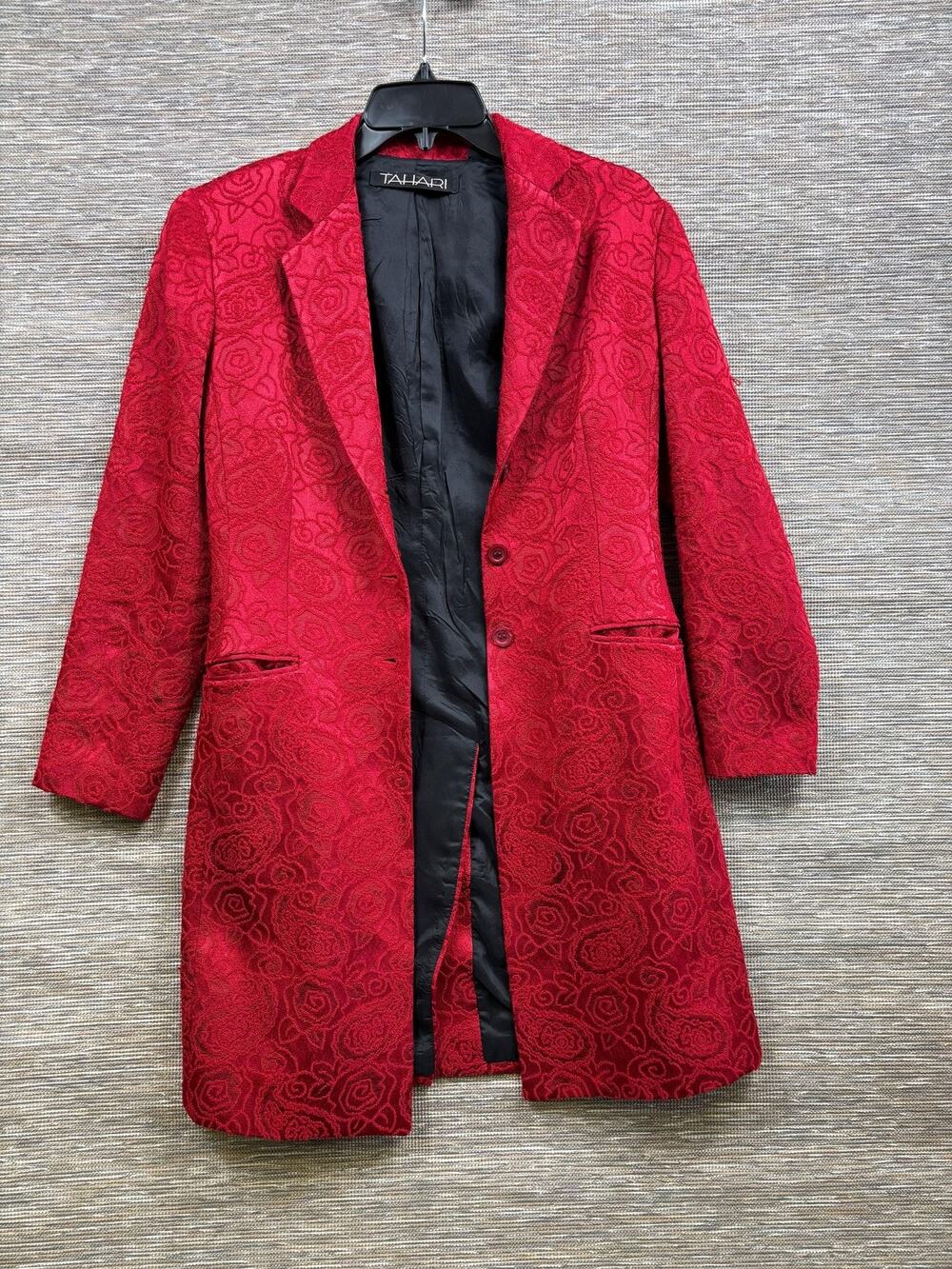 Tahari Coat Womens 6 Red Floral Jacquard Wool Blend Mid Length Overcoat Lined
